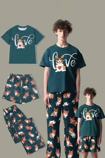 Dark Green Dog Printed Short Sleeve Matching Family Pajamas